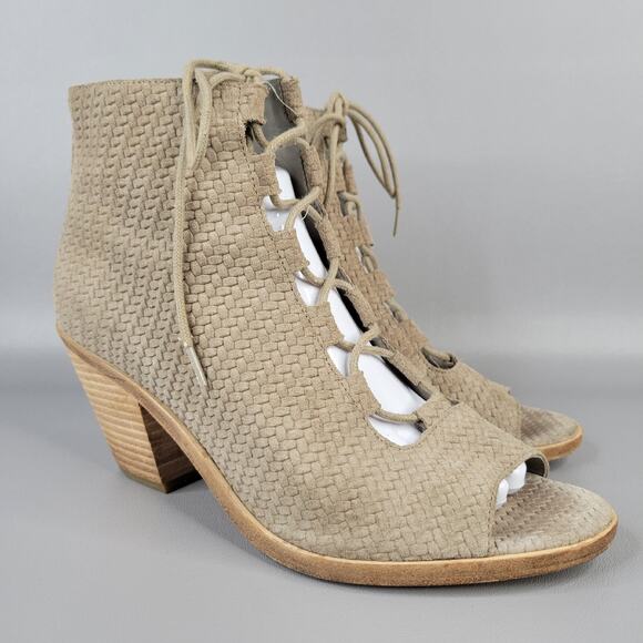 Eileen Fisher Womens Slew Ankle Bootie Peep Toe Lace Up Zip Suede Tan Size 8.5 M - Picture 1 of 11